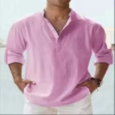Men's Pink Collar Loose Shirt Pure Cotton Long Sleeve