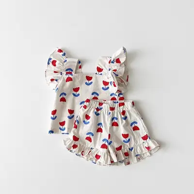 Girls Baby Suit Small Cotton Tulip Sling Flying Sleeve Top Bread Pants Two-Piece Set