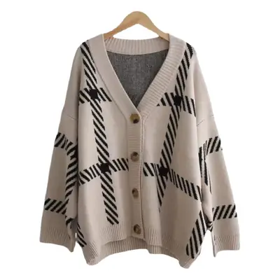 Women Plaid Knitted Cardigan V-Neck Coat Winter Casual