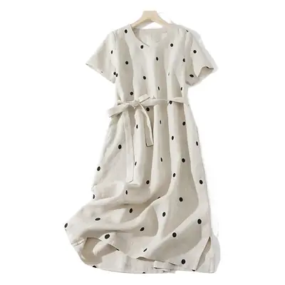 Blue Linen Printed Polka Dot Mid-Length Dress