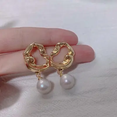 14K Gold Pearl Earrings Women French Retro Silver Pin