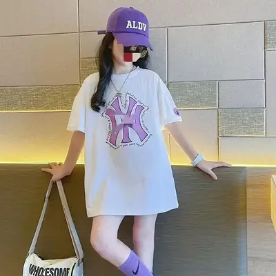 Girls White Printed T-Shirt 2024 Summer Loose Fit