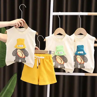 Kids Cartoon Embroidered Vest & Shorts Set Yellow