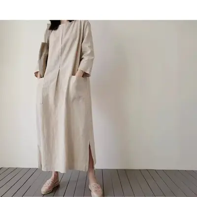 Korean Linen Midi Dress Women Loose Large Pocket