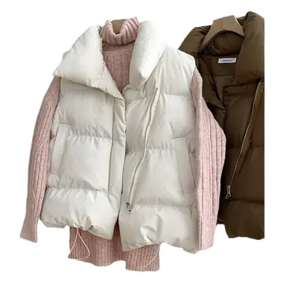 Women Cotton Puffer Vest White Vertical Collar 2023 Winter