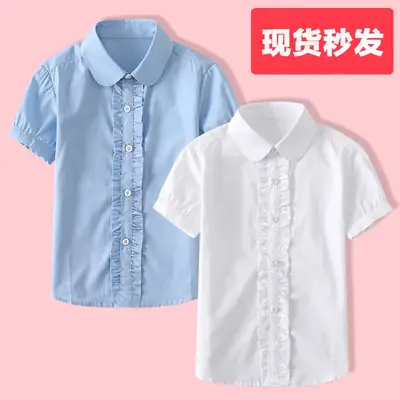 Girls Cotton Short Sleeve Shirt Blue Summer Middle School