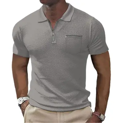 Men's Grey Waffle Polo Shirt with Zipper Pocket