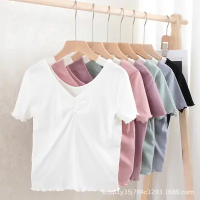 2023 Summer V Collar Pleated T-Shirt Mint Green