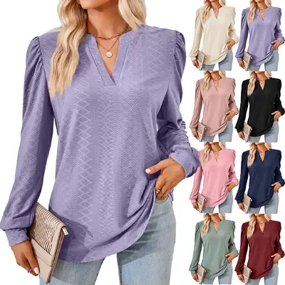 Women Jacquard V-Neck Long Sleeve T-Shirt Navy Blue