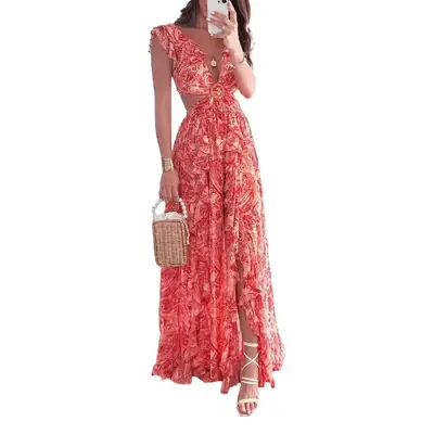Pink Long Pleated V-Neck Maxi Dress for Women