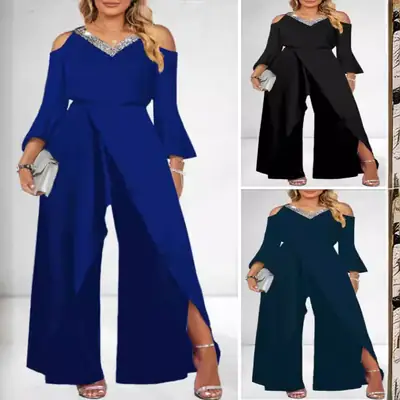 Women's Black Split Sequins Wide Leg Horn Jumpsuit