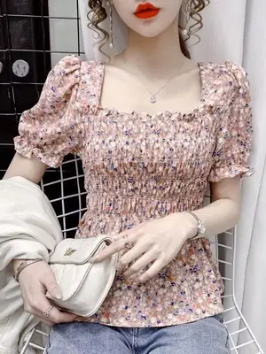 Women Square Collar Floral Chiffon Top Short Sleeve