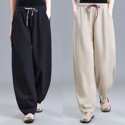 Women Cotton Linen Draped Harem Pants High Waist Loose 2025