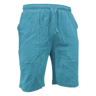 Men Drawstring Elastic Waist Shorts Blue Cotton Linen