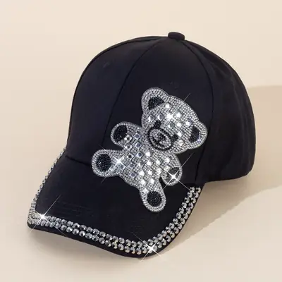 Black Rhinestone Bear Cap for Girls Boys Summer Wear