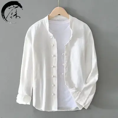 Men Linen Button Collar Shirt Beige Plus Size