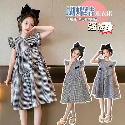 Girls Plaid Western Dress 2023 Flying Sleeve Bow