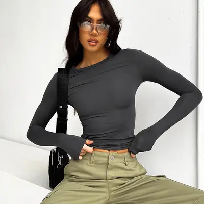 Women's Navy Solid Round Neck Long Sleeve Top