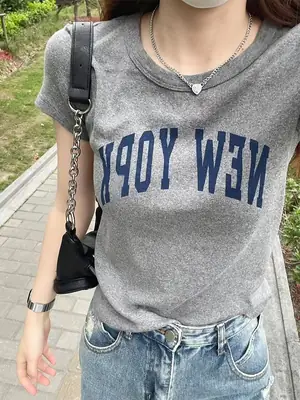 Women New York Letter Gray T-Shirt Short Sleeve Summer
