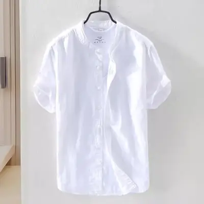 Men Navy Blue Stand-Up Collar Shirt Small