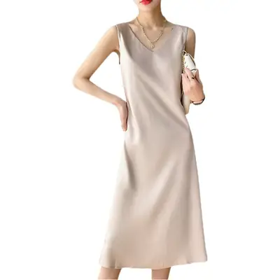 Women Satin Sleeveless Slip Skirt Black Long Over Knee