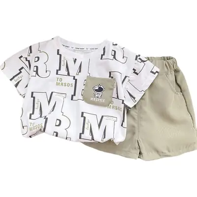 Boys 2-Piece Summer Suit White M Print Shorts Set