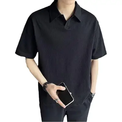 Men Black Polo T-Shirt Short Sleeve Collar