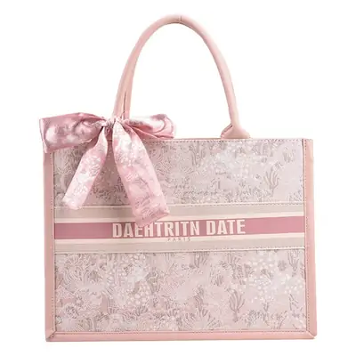 Women Embroidered Pink Tote Bag with Bow