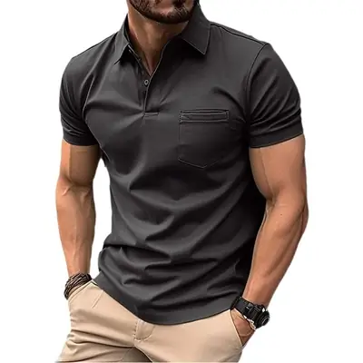 Men's Grey Polo Shirt Button Flap Pocket Summer 2023