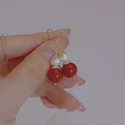 Red Agate Pearl Dangle Earrings for Women