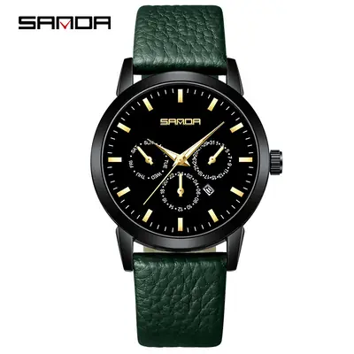 Sanda Men's Black Quartz 3-Eye Calendar Watch