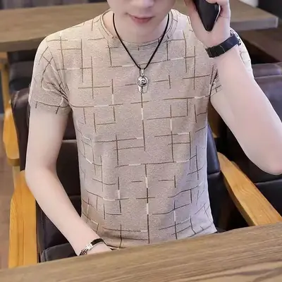 Men Ice Silk Crewneck T-Shirt Pink Slim Fit