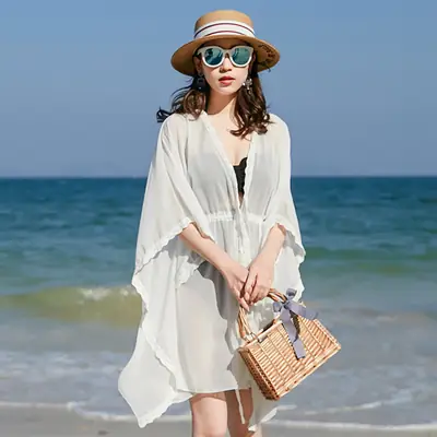 Women Chiffon Beach Coat Mid-Length Sunscreen Cardigan