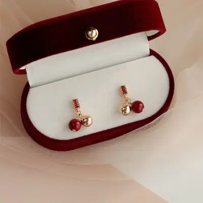 Red Zircon Earrings for Women Festive Gold Ball Design