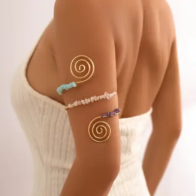European, American and African Tribal Style Gravel Arm Chain Arm Ring Beaded Spiral Line Bracelet Jewelry Vintage Open Bracelet
