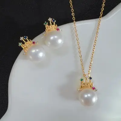 Gold Pearl Princess Castle Earrings Necklace Set for Women
