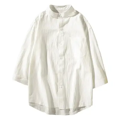 Men Linen Collar Shirt Olive Green Medium Sleeve Large