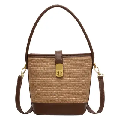 Women Straw Bag Brown Gold Plated Single Shoulder