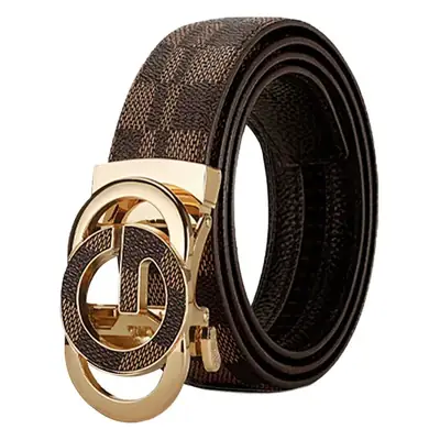 Men's Gold Logo Leather Belt with Automatic Buckle