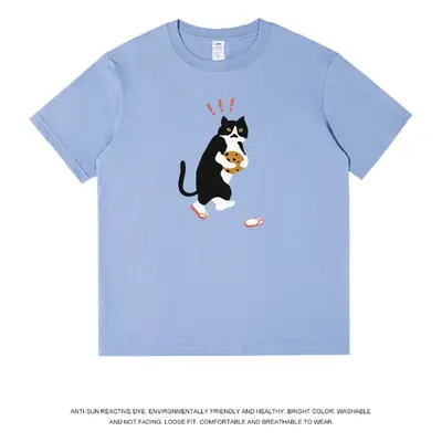 Men Printed Cat T-Shirt Light Blue Pure Cotton Loose Fit