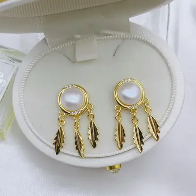 S925 Gold Pearl Dream Catcher Earrings Necklace Set