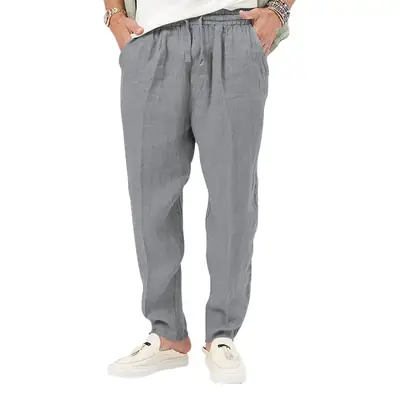 Men's White Drawstring Cotton Linen Trouser Large