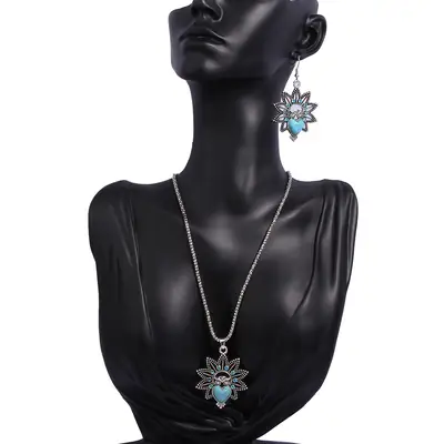 Vintage Owl Pendant Necklace with Turquoise Earrings Set for Women