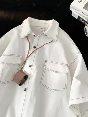 Men Black Japanese Style Short Sleeve Shirt 2023