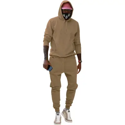 Men Velvet Hooded Trousers Set Brown Large Winter