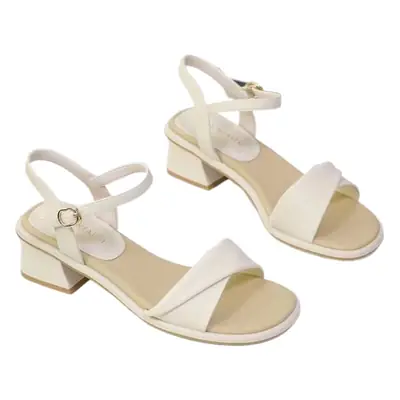 Women's Cream Soft Leather Open Toe Mid-heel Sandals