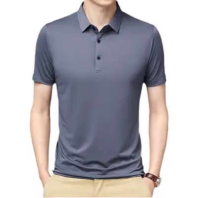 Men's Black Ice Silk Polo Shirt Short Sleeve Business Casual