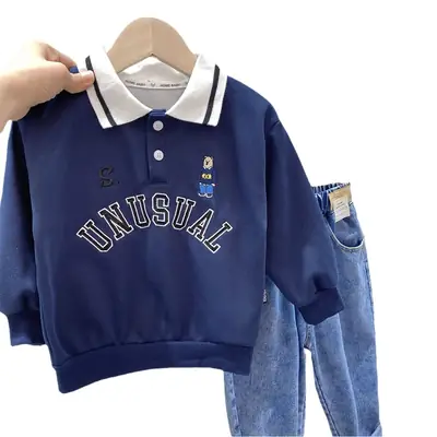 Boys Unusual Polo Shirt Blue Pants Set Autumn Spring
