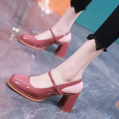 Women Patent Leather Square Heel Sandals