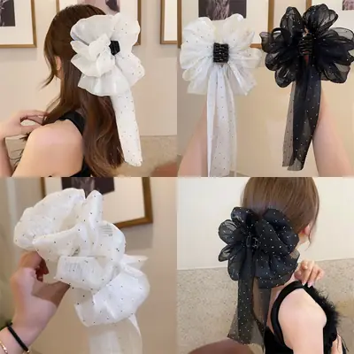 White Bubble Ribbon Hairpin with Black Clips